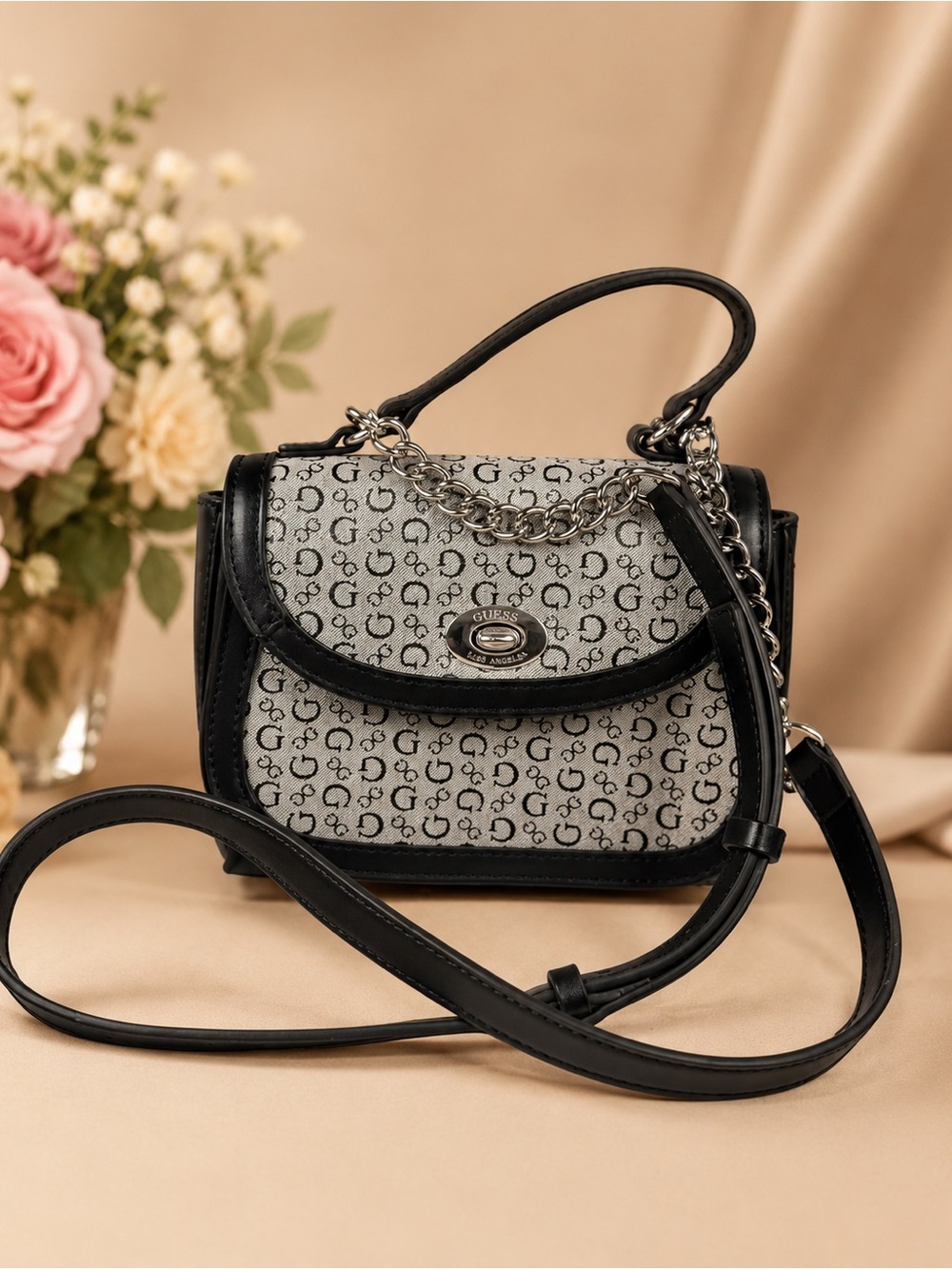 GUESS Black and Gray Logo-Print Mini Crossbody with Chain